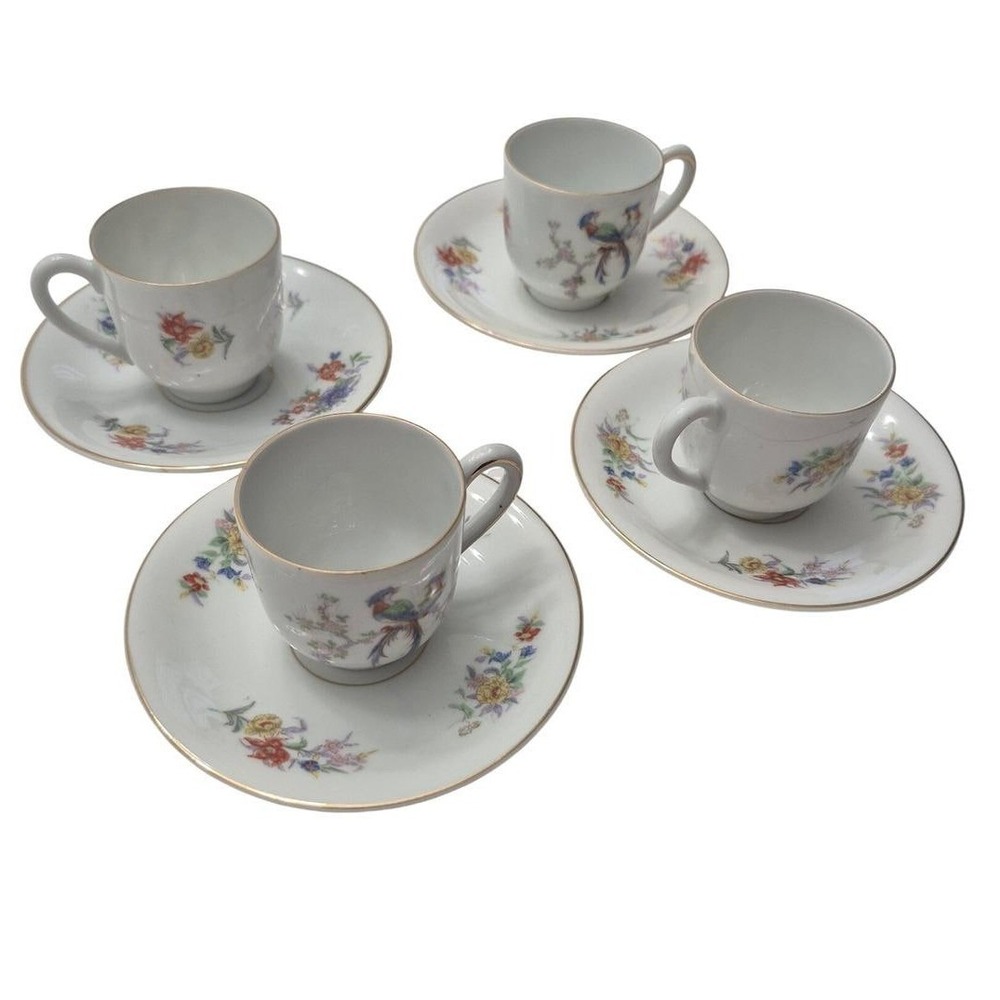 Carl Tielsch Altwasser Peasant Demitasse Cup Saucer White Gold Trim Wedding Set4